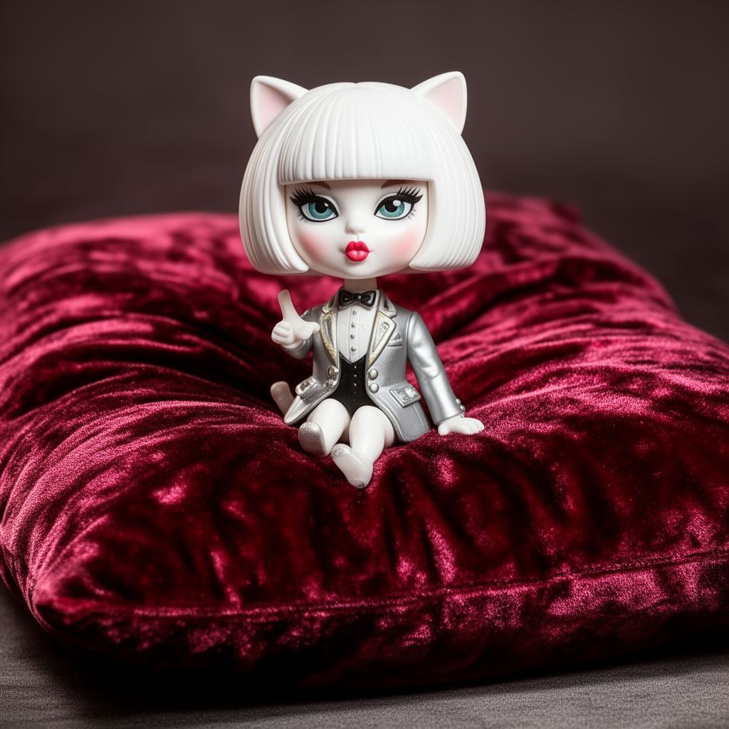 A doll-sized white cat socialite posing with extreme attitude on a hideous, oversized velvet pillow.