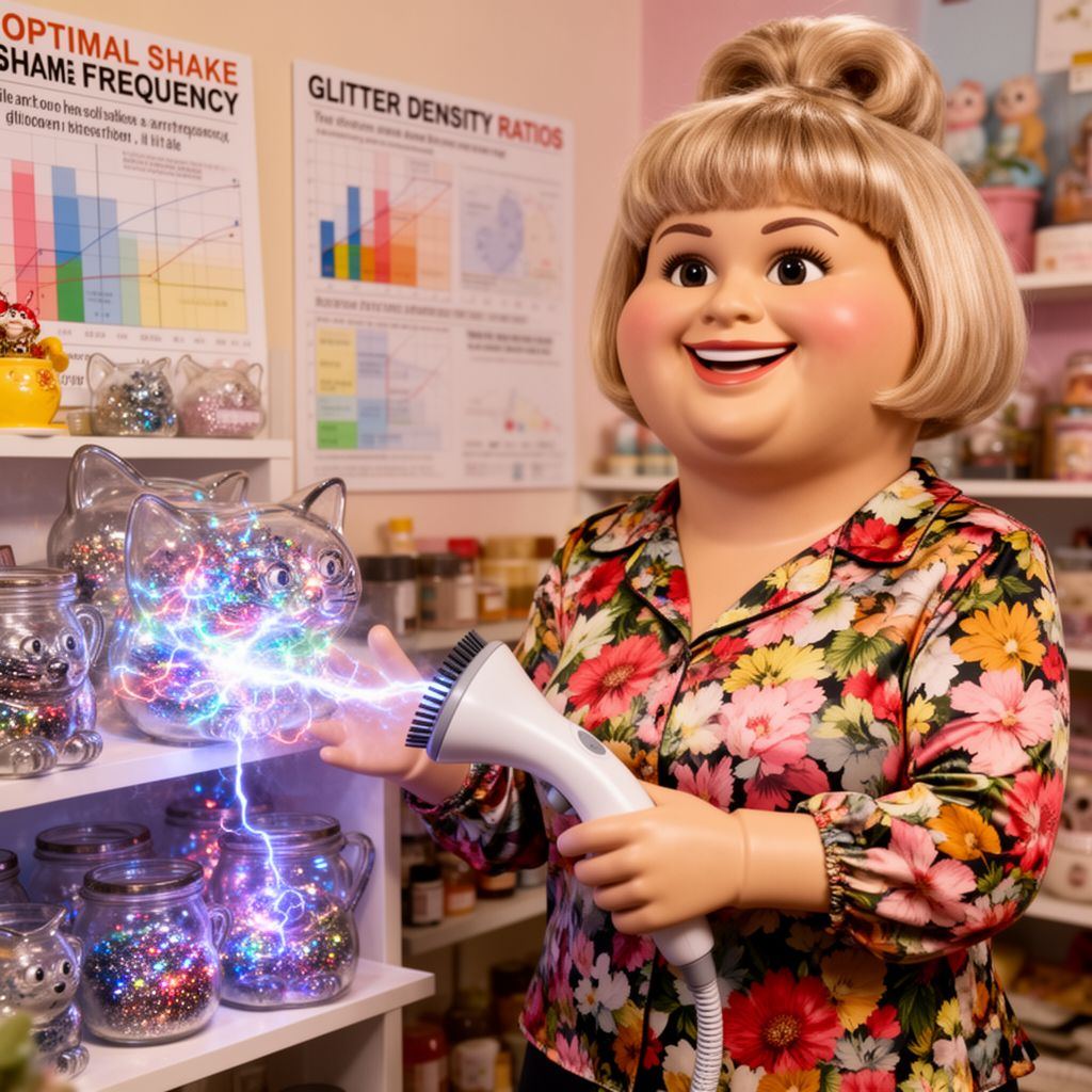 A smiling plastic mannequin in a floral top using a steamer on glowing, glitter-filled cat jars on a shelf.