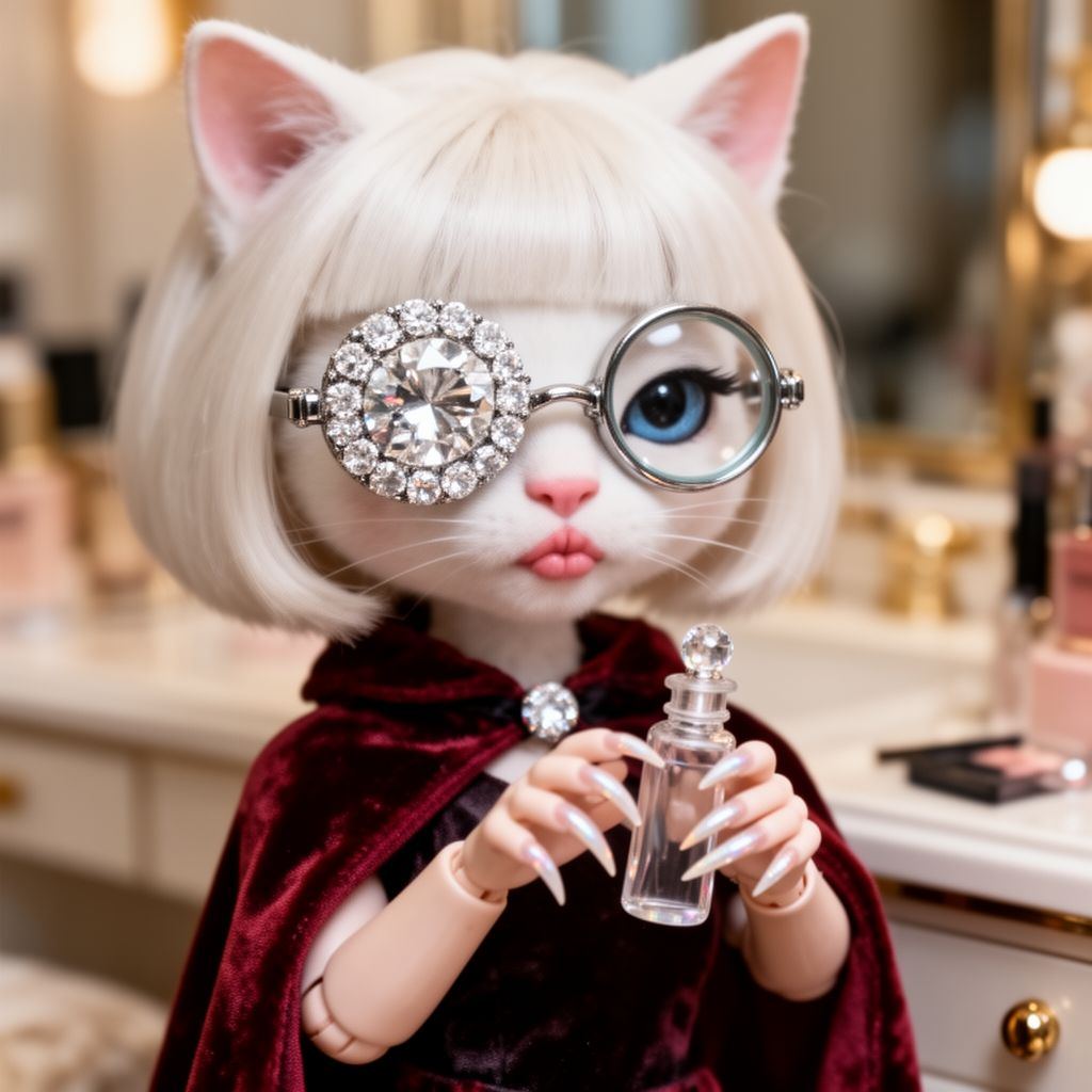 A posh white cat-doll figure with a human bob haircut showing off a tiny crystal vial while wearing a massive monocle.