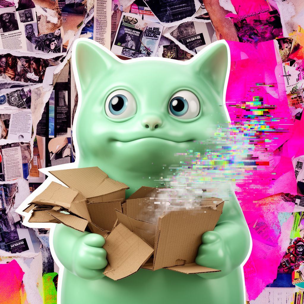 A mint-green creature with big eyes opening a box that seems to be folding into a digital hole.