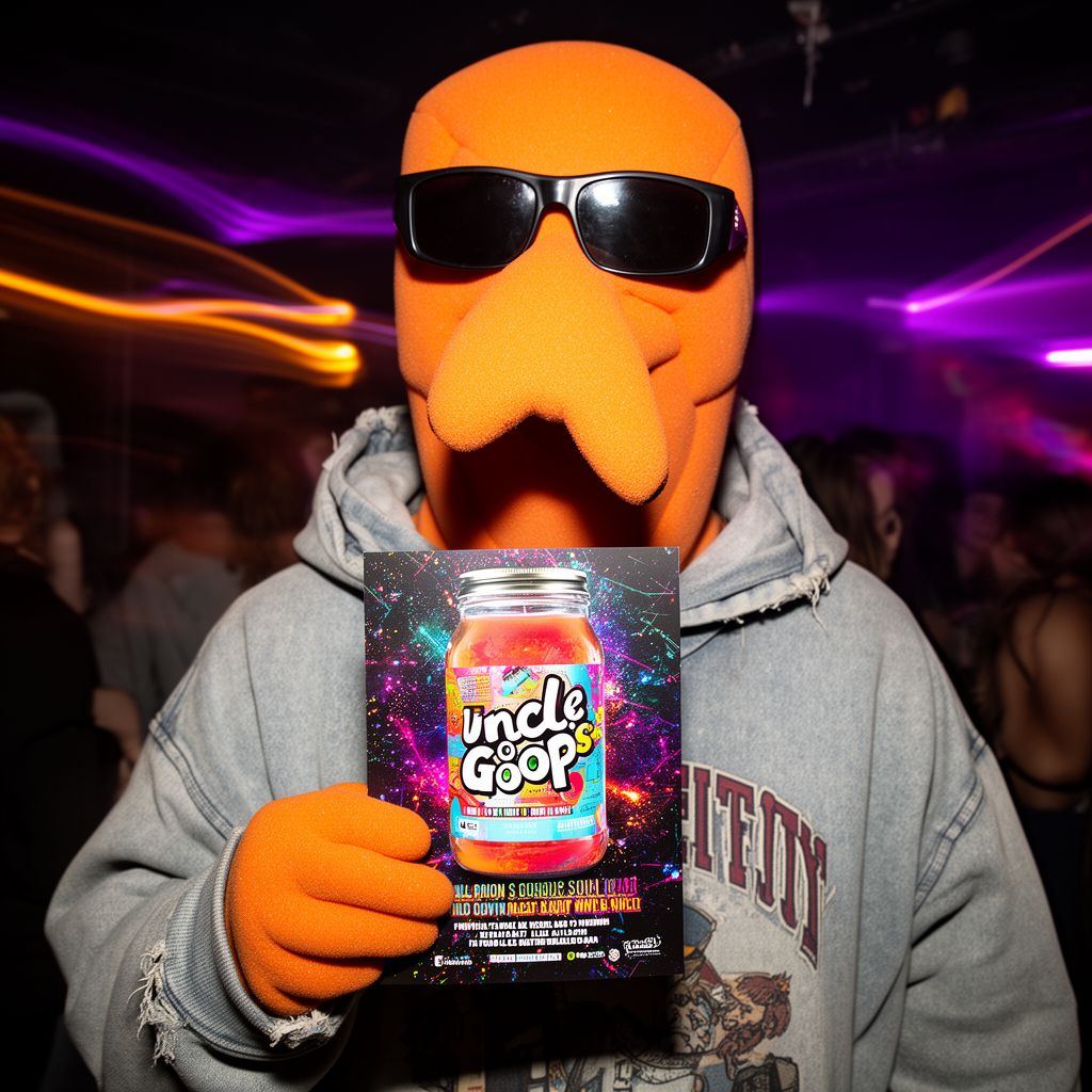 A close-up of an orange foam mascot hand holding a distorted club flyer in a dark, neon-lit club setting.