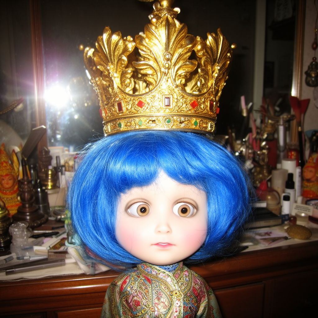 A close-up of a porcelain-faced doll mascot wearing an enormous blue wig and an oversized crown.