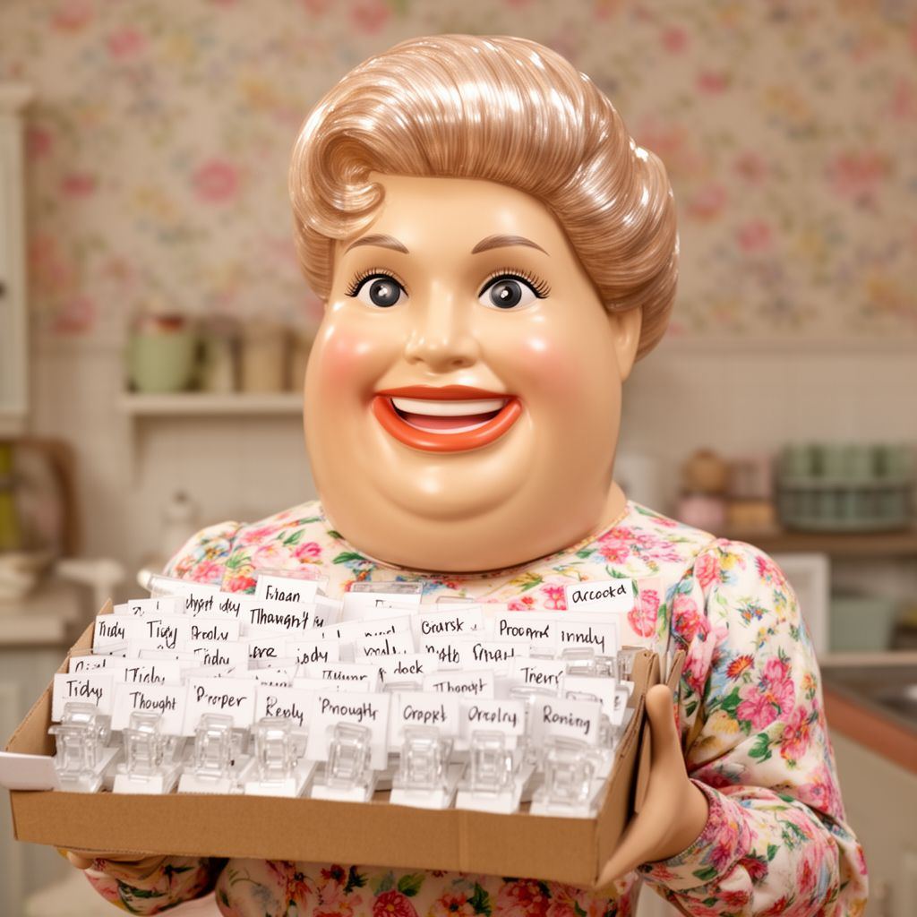 A smiling plastic mannequin head offering a tray of neatly labeled organizational clips in a kitchen setting.