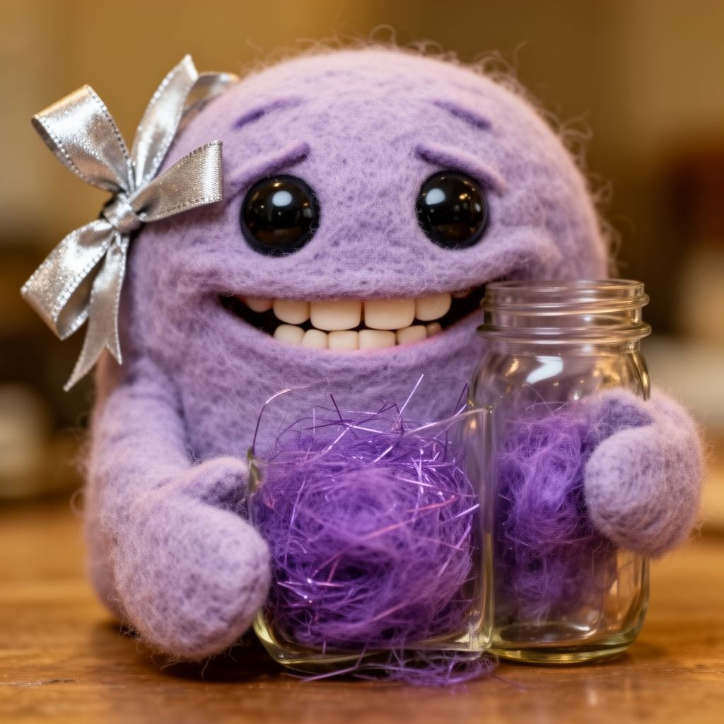 A felt creature holding a jar of lint, smiling nervously.
