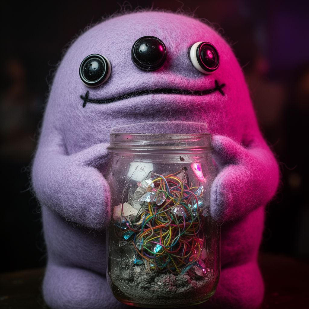 A lavender felt creature clutching a jar of colorful floor fuzz.