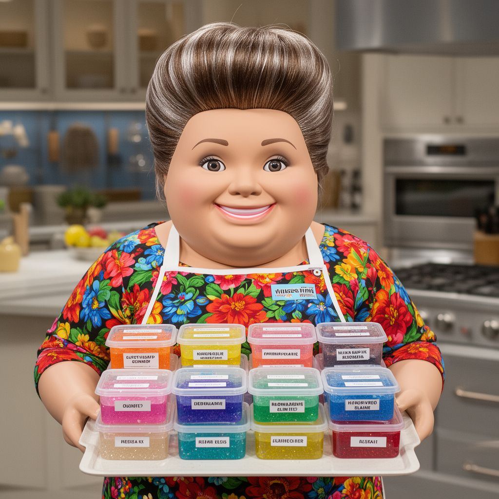 A smiling plastic mannequin wearing a floral apron displays an organized tray of labeled slime containers in a kitchen.
